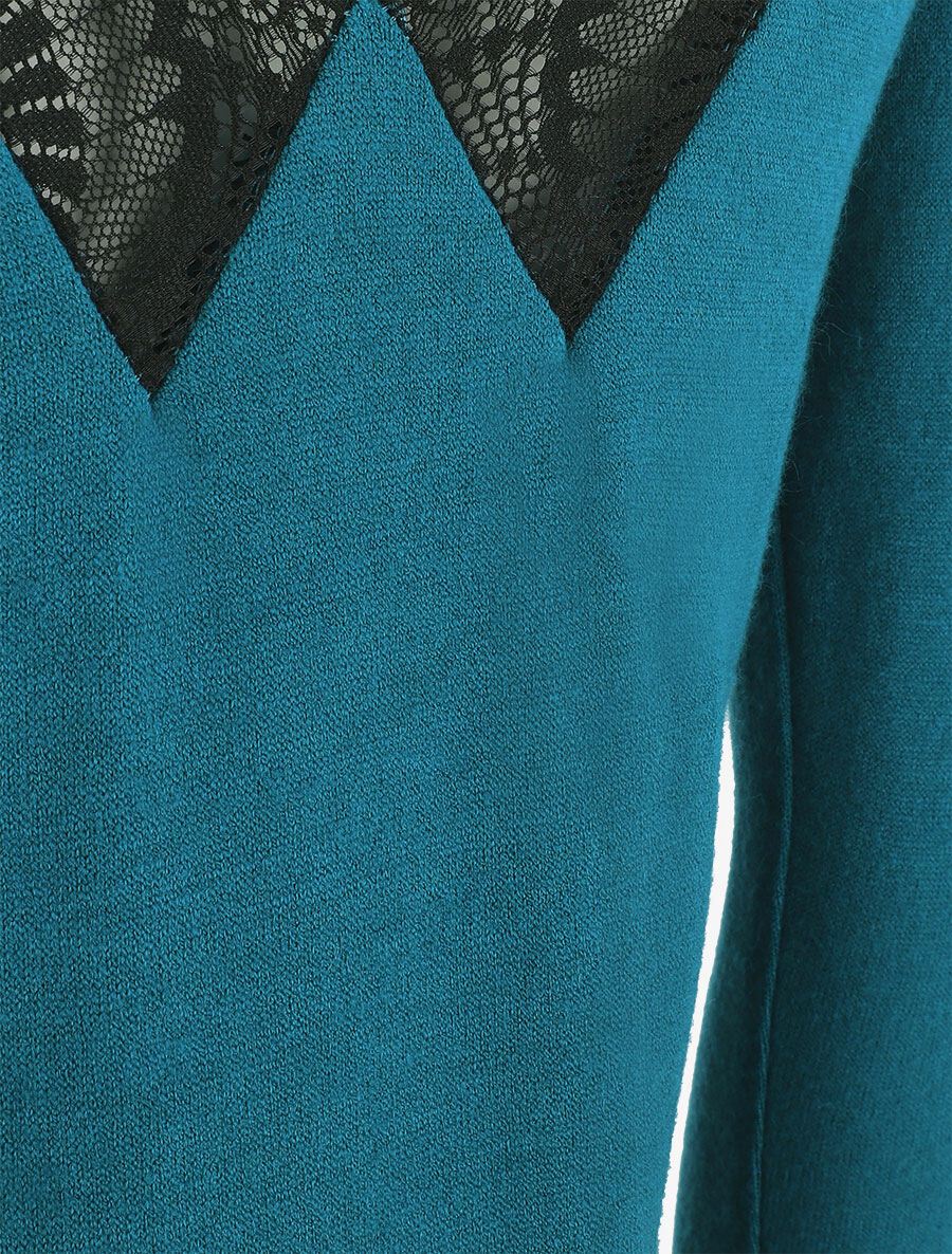 Pull droit dos en V dentelle - Bleu canard - 3