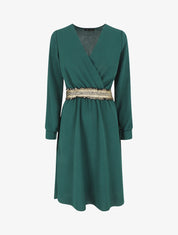 Robe unie à bande élastiquée dorée - Vert sapin - 1