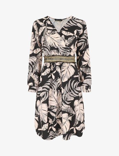 Robe courte évasée imprimé tropical - Noir - 4