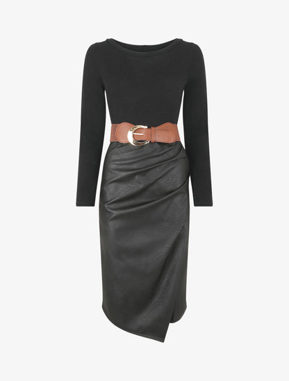 Robe bi-matière effet drapé - Noir - 1