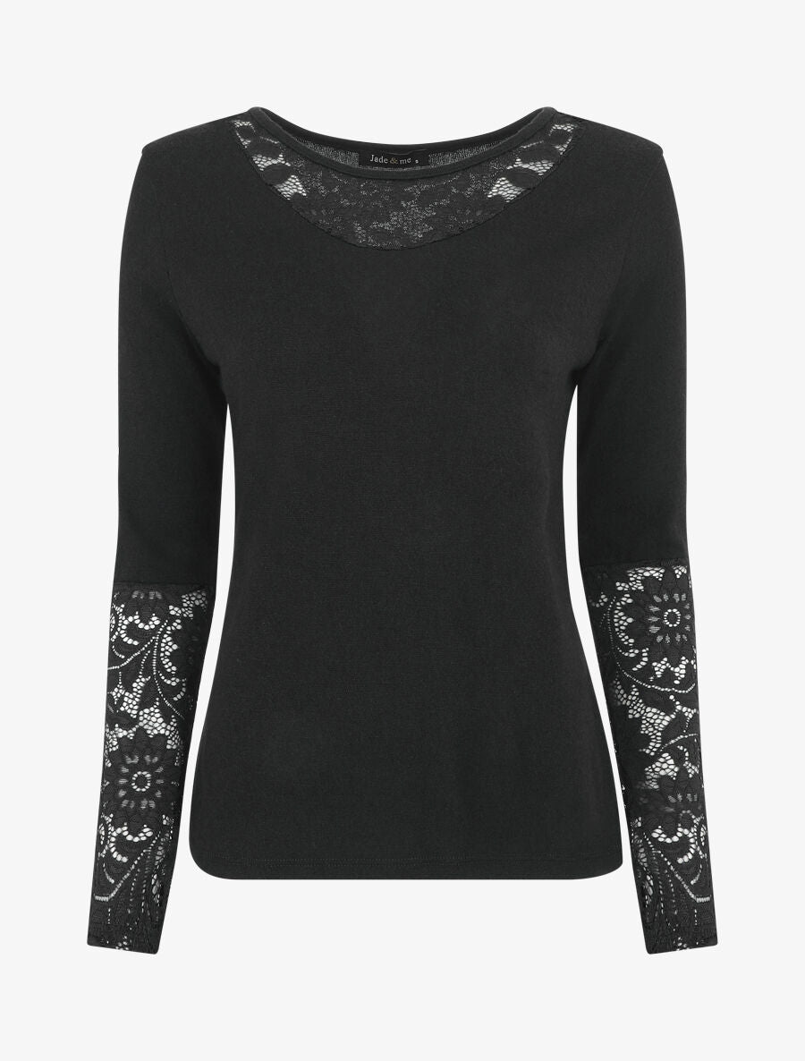 Pull droit uni col et manches en dentelle - Noir - 1