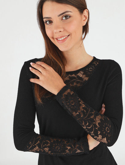 Pull droit uni col et manches en dentelle - Noir - 6