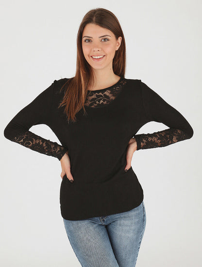 Pull droit uni col et manches en dentelle - Noir - 4