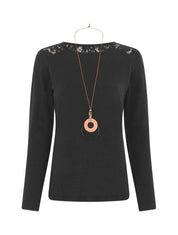 Pull droit uni épaules en dentelle - Noir - 1