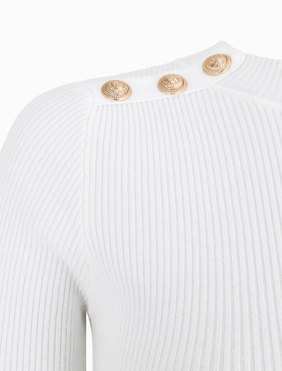 Pull fin côtelé et boutons décoratifs - Blanc - 3