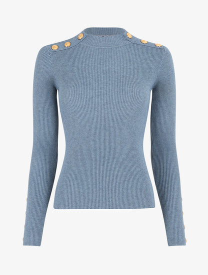 Pull fin côtelé et boutons décoratifs - Bleu - 7