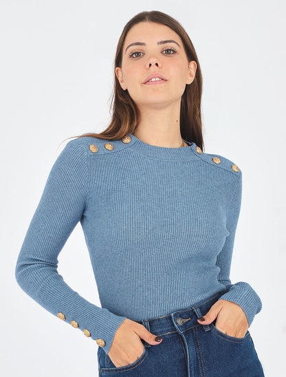 Pull fin côtelé et boutons décoratifs - Bleu - 4