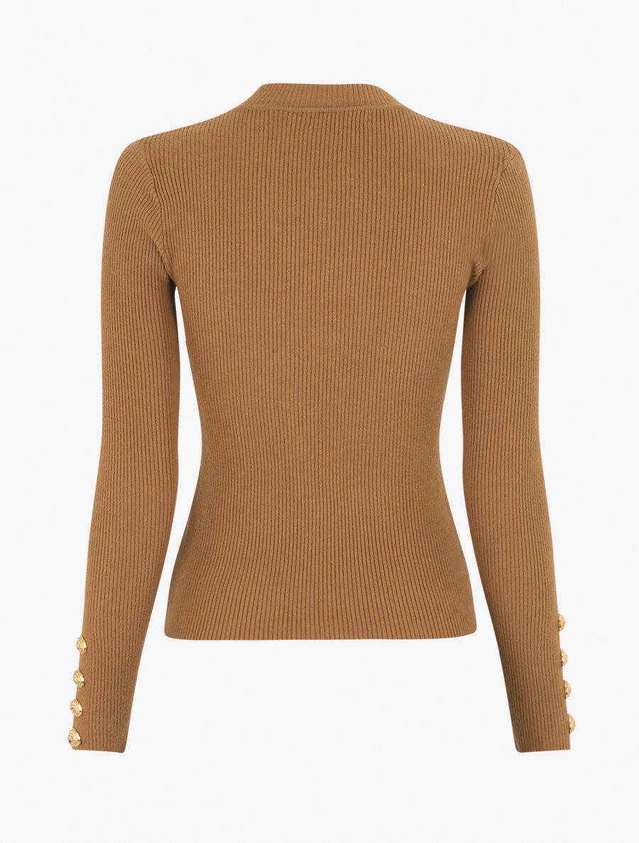 Pull fin côtelé et boutons décoratifs - Camel - 2