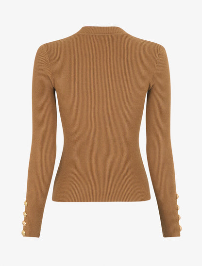 Pull fin côtelé et boutons décoratifs - Camel - 2
