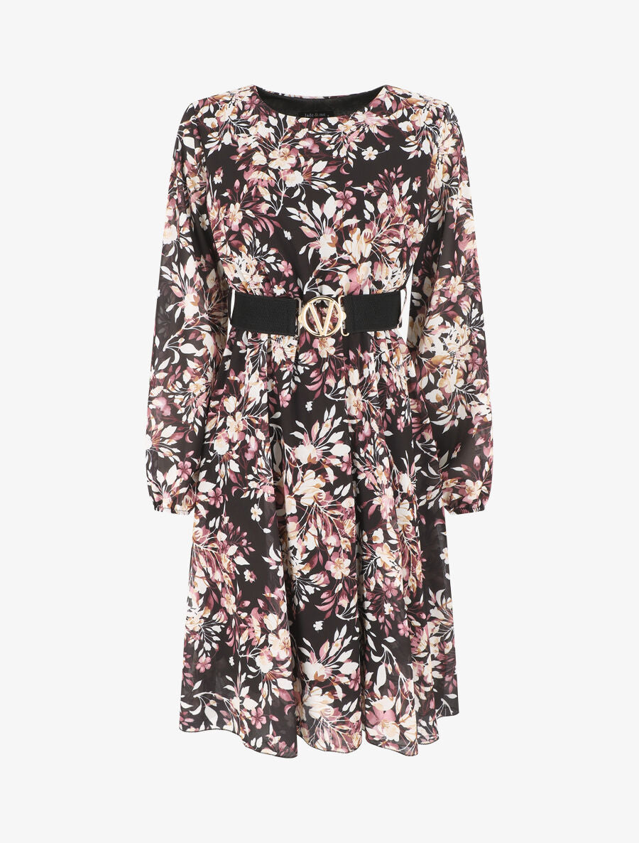 Robe mi-longue évasée motif floral - Noir - 6