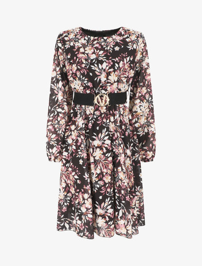 Robe mi-longue évasée motif floral - Noir - 6