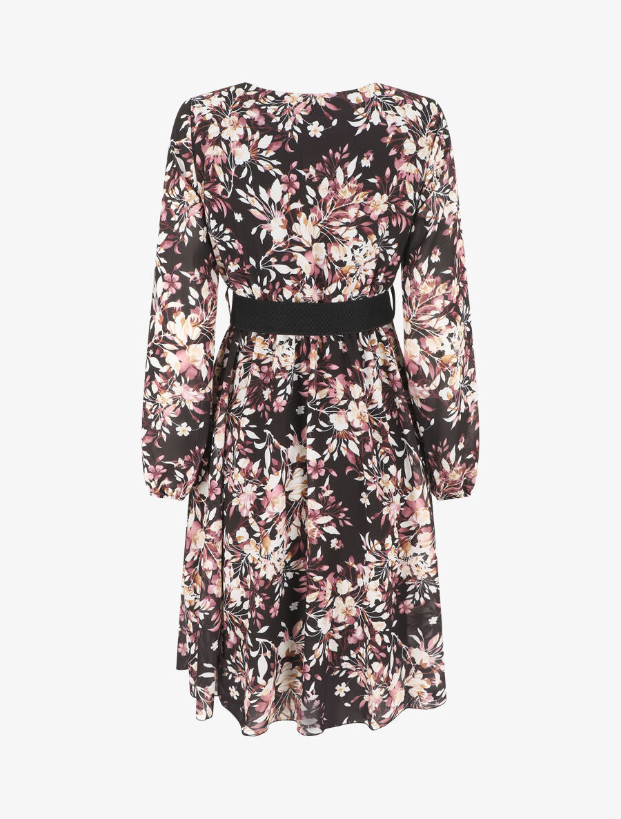 Robe mi-longue évasée motif floral - Noir - 2