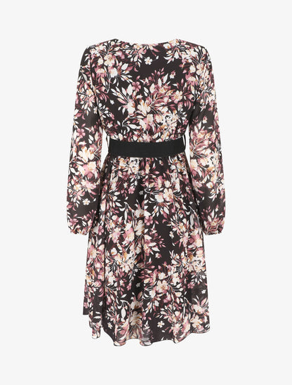Robe mi-longue évasée motif floral - Noir - 2