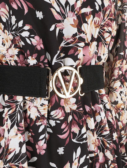 Robe mi-longue évasée motif floral - Noir - 3