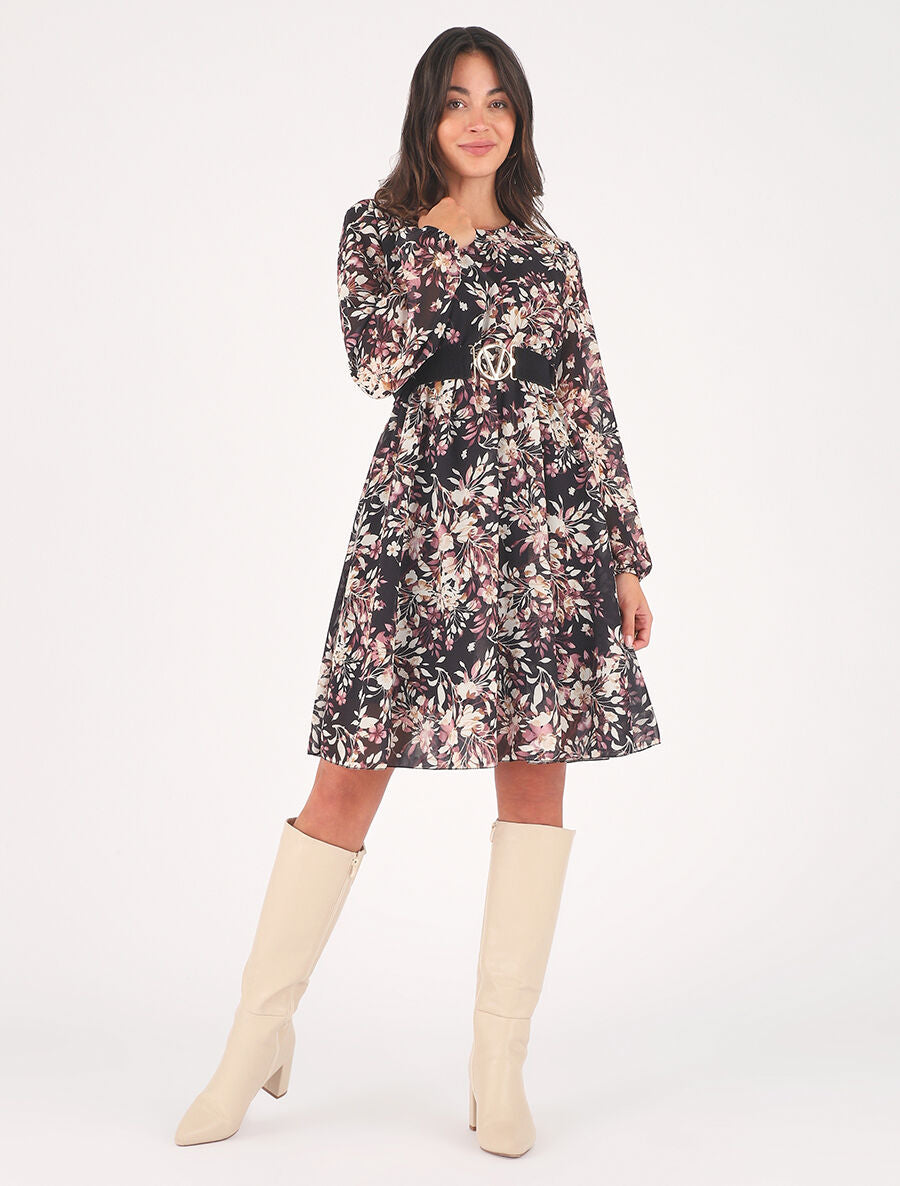 Robe mi-longue évasée motif floral - Noir - 4