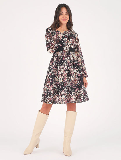 Robe mi-longue évasée motif floral - Noir - 4