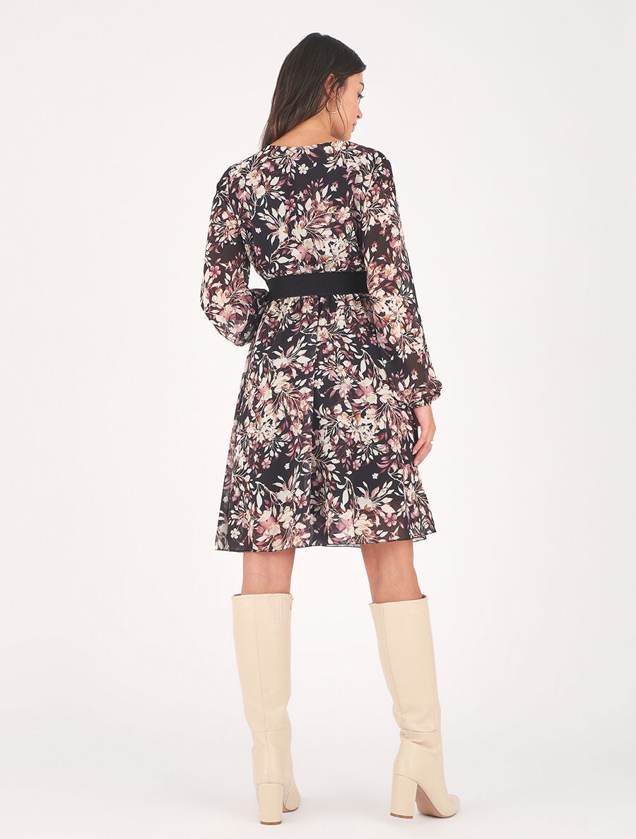 Robe mi-longue évasée motif floral - Noir - 5