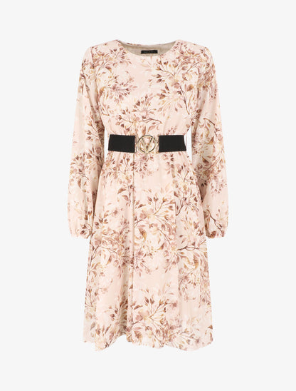 Robe mi-longue évasée motif floral - Beige - 1