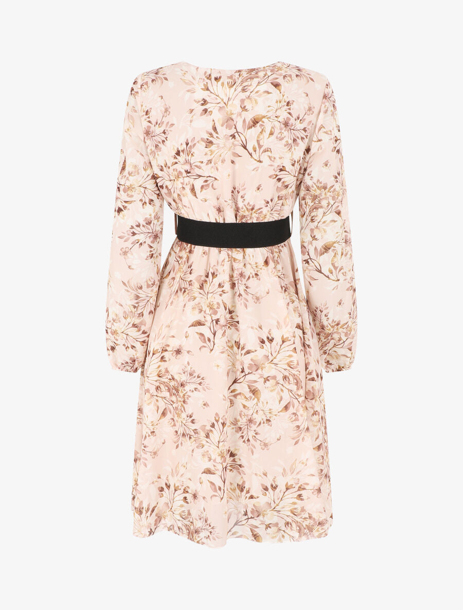Robe mi-longue évasée motif floral - Beige - 2