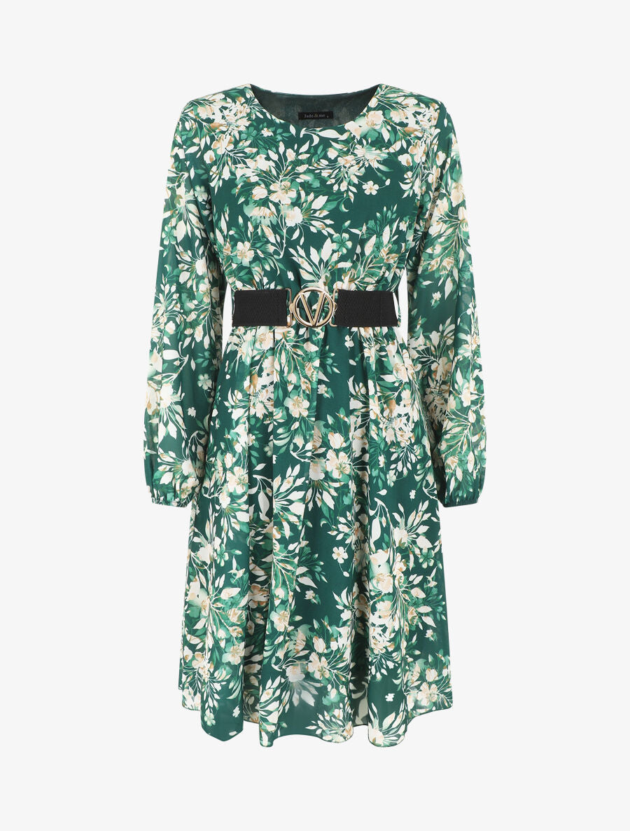 Robe mi-longue évasée motif floral - Vert - 1