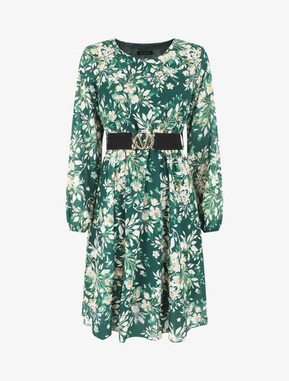 Robe mi-longue évasée motif floral - Vert - 1