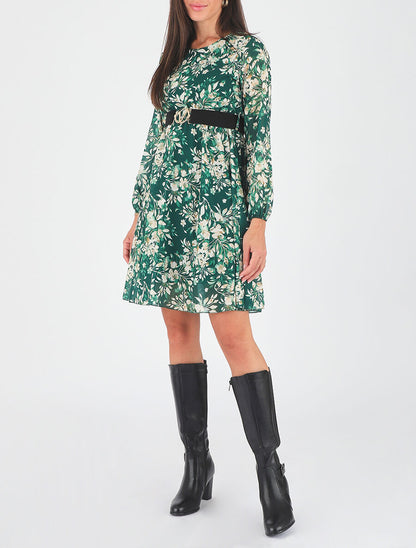 Robe mi-longue évasée motif floral - Vert - 5