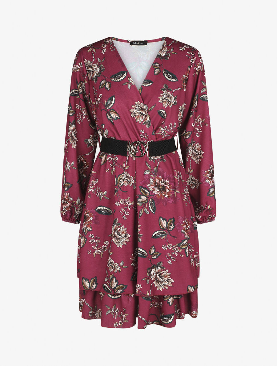 Robe volantée à imprimé fleuri - Bordeaux - 1