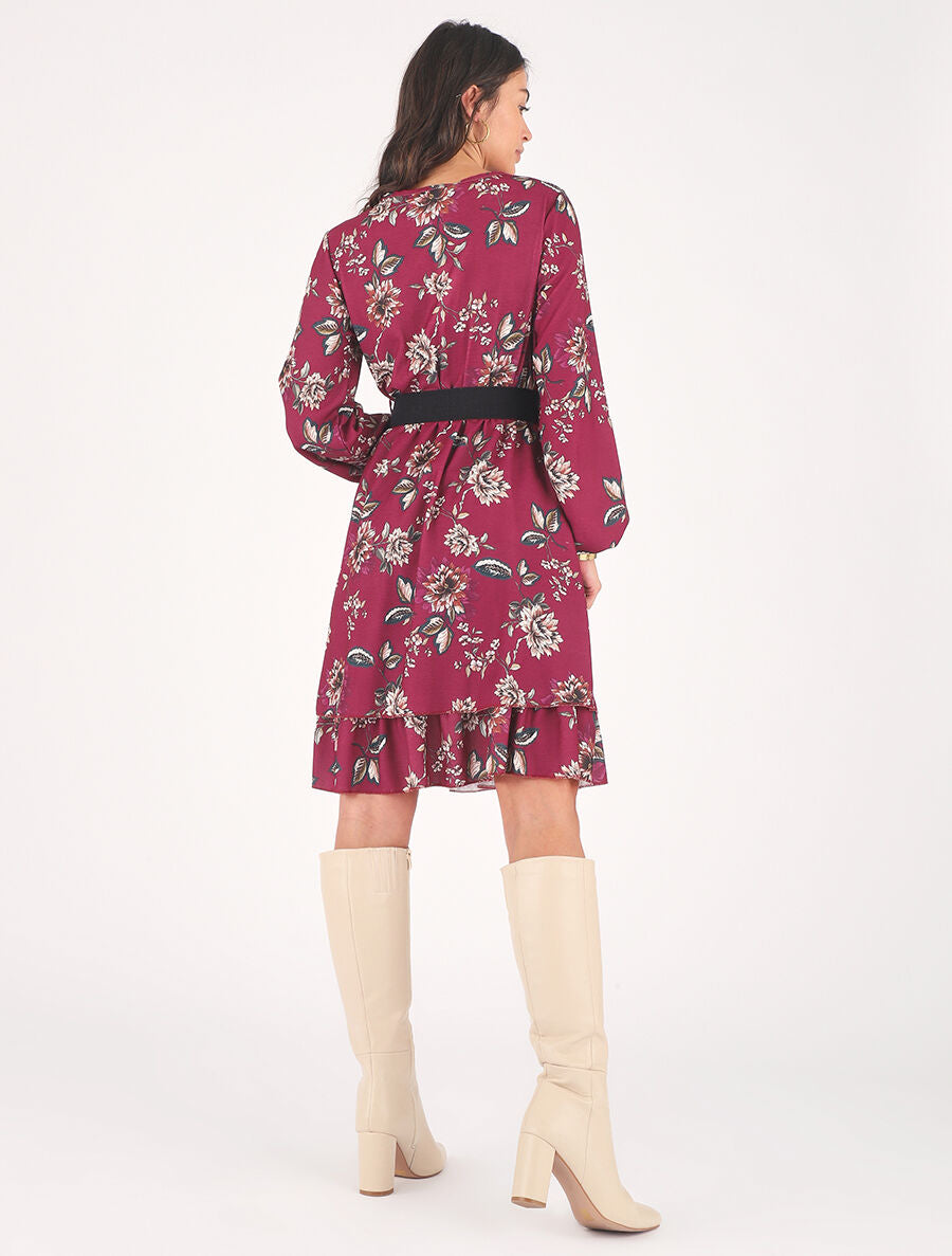 Robe volantée à imprimé fleuri - Bordeaux - 5