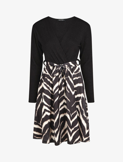 Robe fluide bi-matière imprimé graphique - Noir - 6
