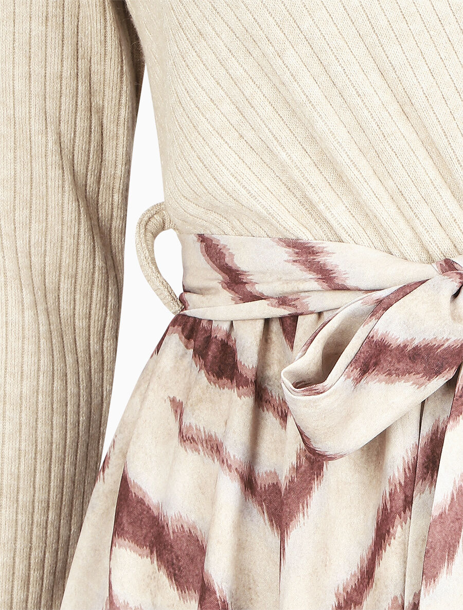 Robe fluide bi-matière imprimé graphique - Beige - 3