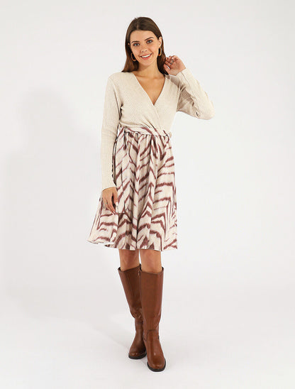 Robe fluide bi-matière imprimé graphique - Beige - 4