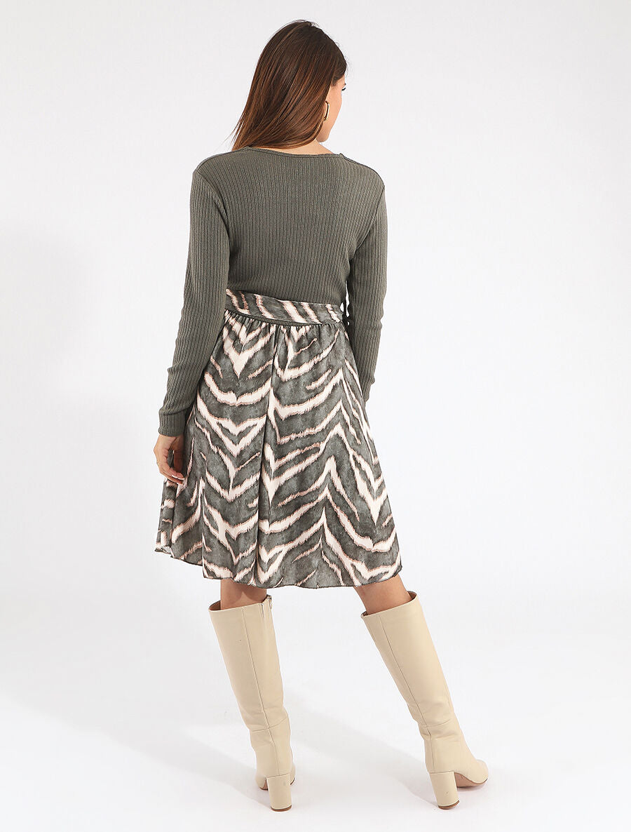 Robe fluide bi-matière imprimé graphique - Kaki - 5