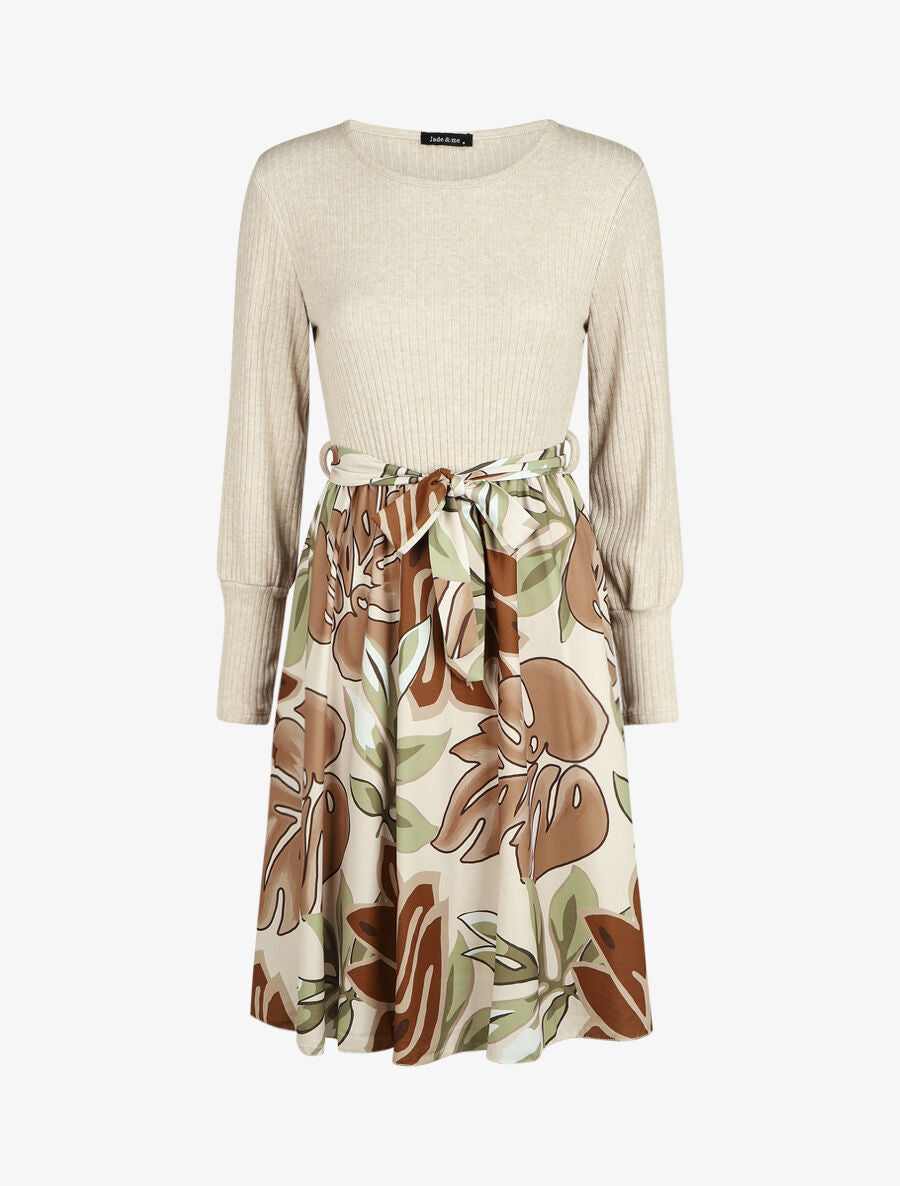 Robe fluide bi-matière imprimé fleuri - Beige - 1