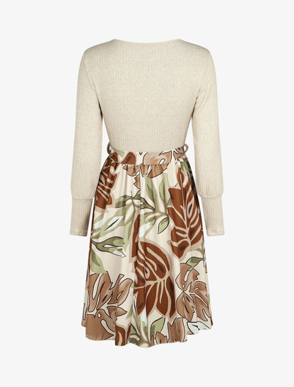 Robe fluide bi-matière imprimé fleuri - Beige - 2
