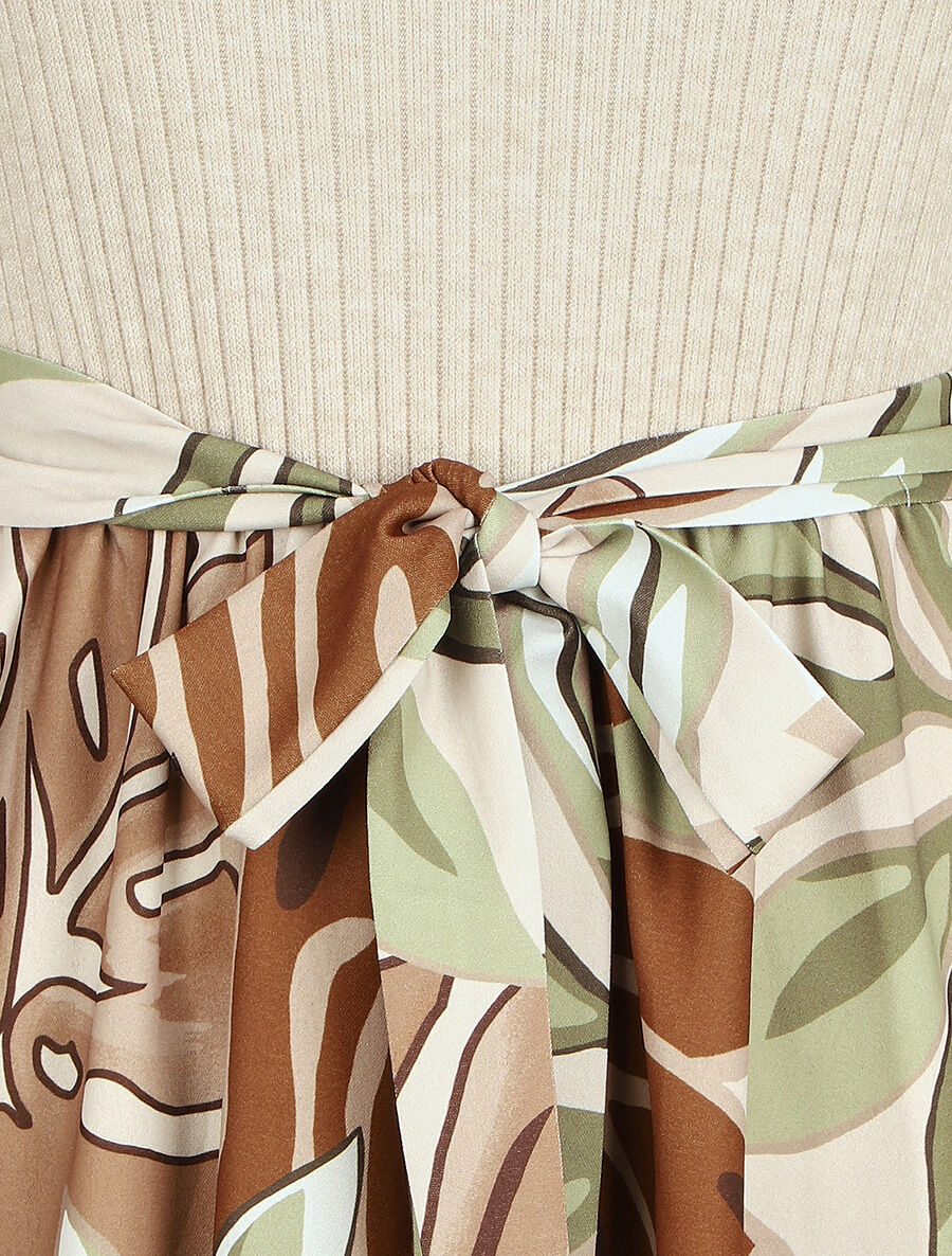 Robe fluide bi-matière imprimé fleuri - Beige - 3
