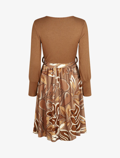 Robe fluide bi-matière imprimé fleuri - Camel - 2