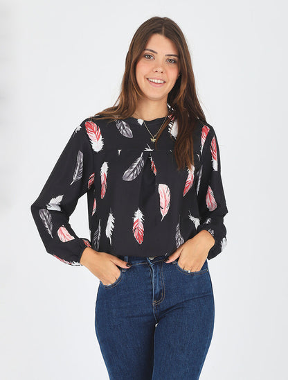 Blouse à imprimé plume - Noir - 4