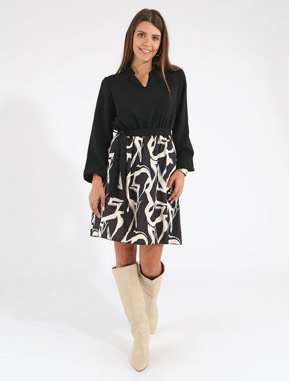 Robe fluide bicolore imprimé graphique - Beige - 4