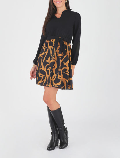 Robe fluide bicolore imprimé graphique - Jaune moutarde - 4