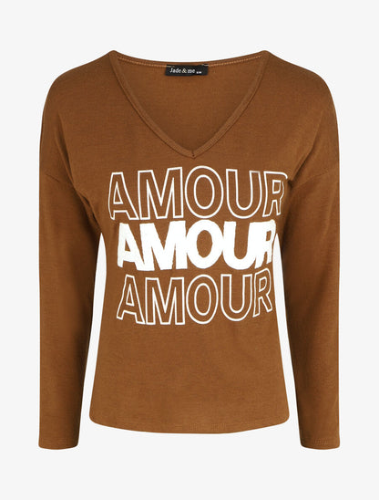 Pull droit inscription AMOUR - Marron - 1
