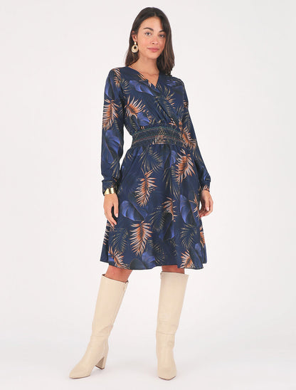Robe imprimée tropical à taille élastiquée - Marine - 4