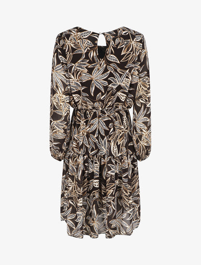 Robe évasée imprimé feuilles - Noir - 2