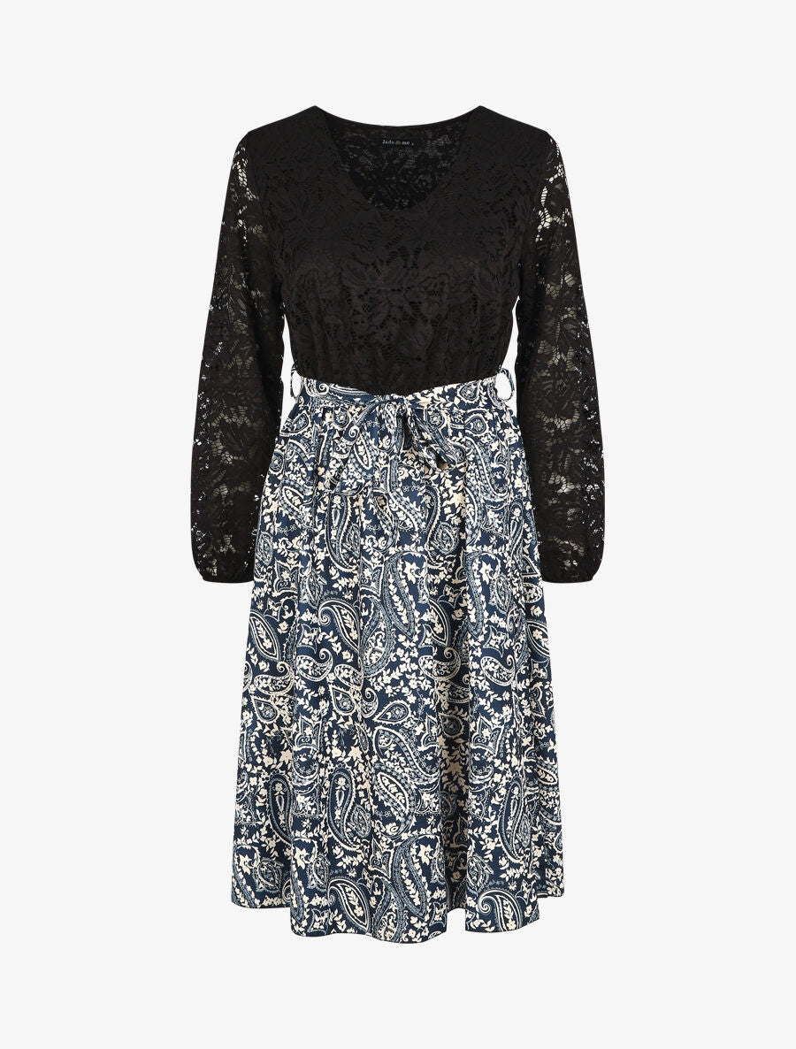 Robe évasée dentelle et imprimé cachemire - Marine - 1
