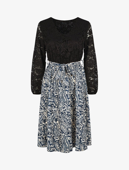 Robe évasée dentelle et imprimé cachemire - Marine - 1