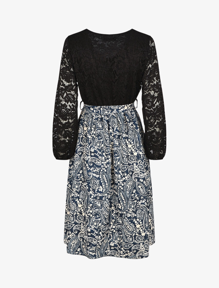 Robe évasée dentelle et imprimé cachemire - Marine - 2