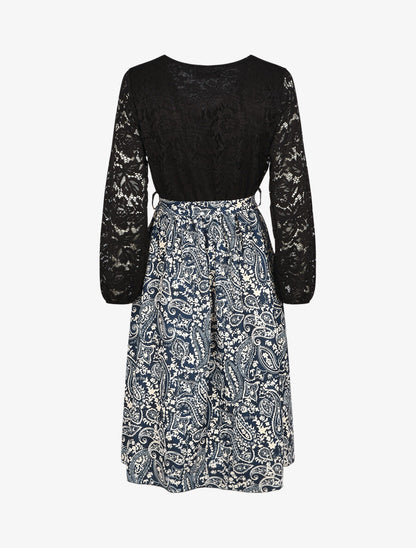 Robe évasée dentelle et imprimé cachemire - Marine - 2