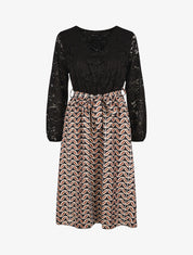 Robe évasée dentelle et imprimé graphique - Noir - 4