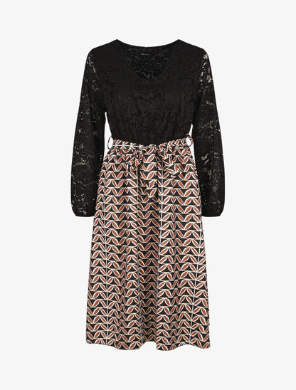 Robe évasée dentelle et imprimé graphique - Noir - 4
