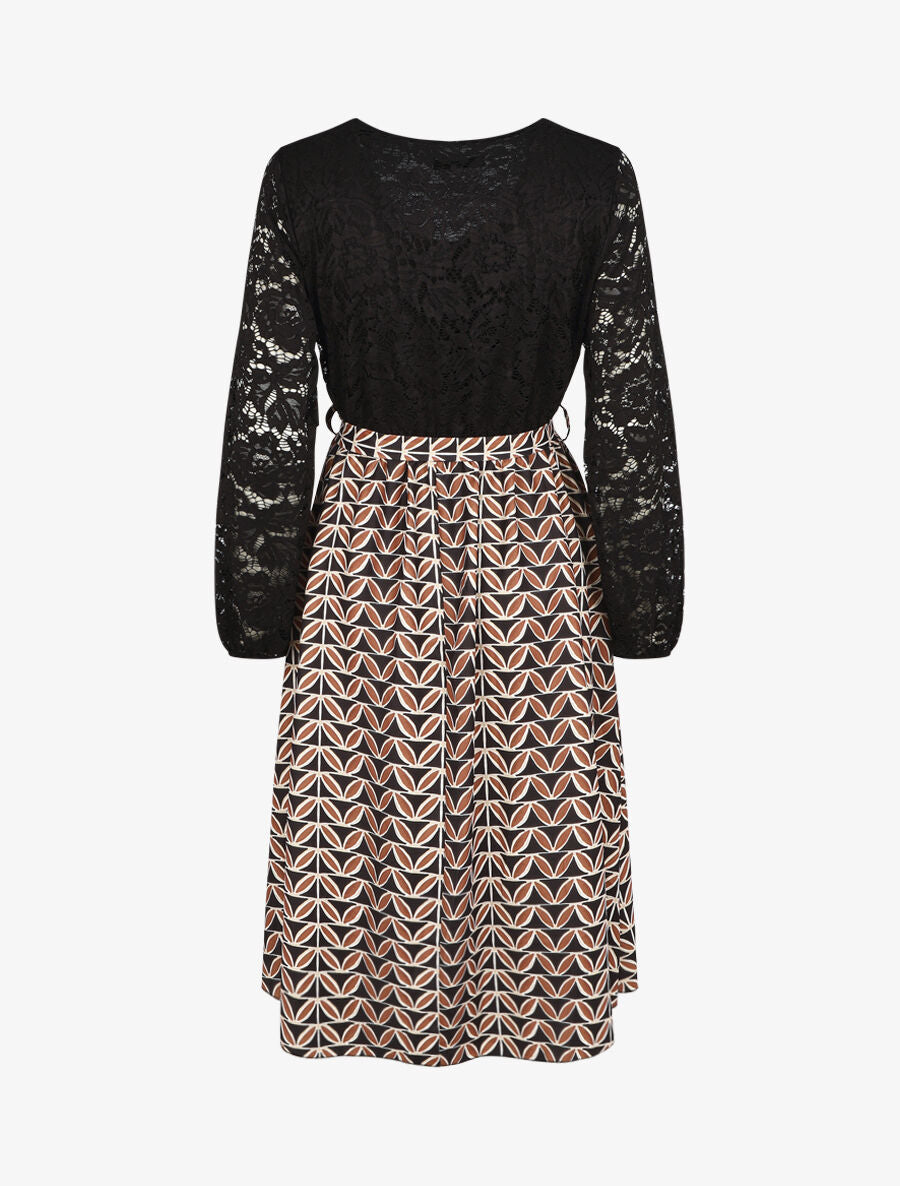 Robe évasée dentelle et imprimé graphique - Noir - 2