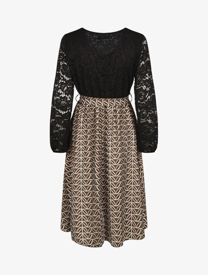 Robe évasée dentelle et imprimé graphique - Kaki - 2